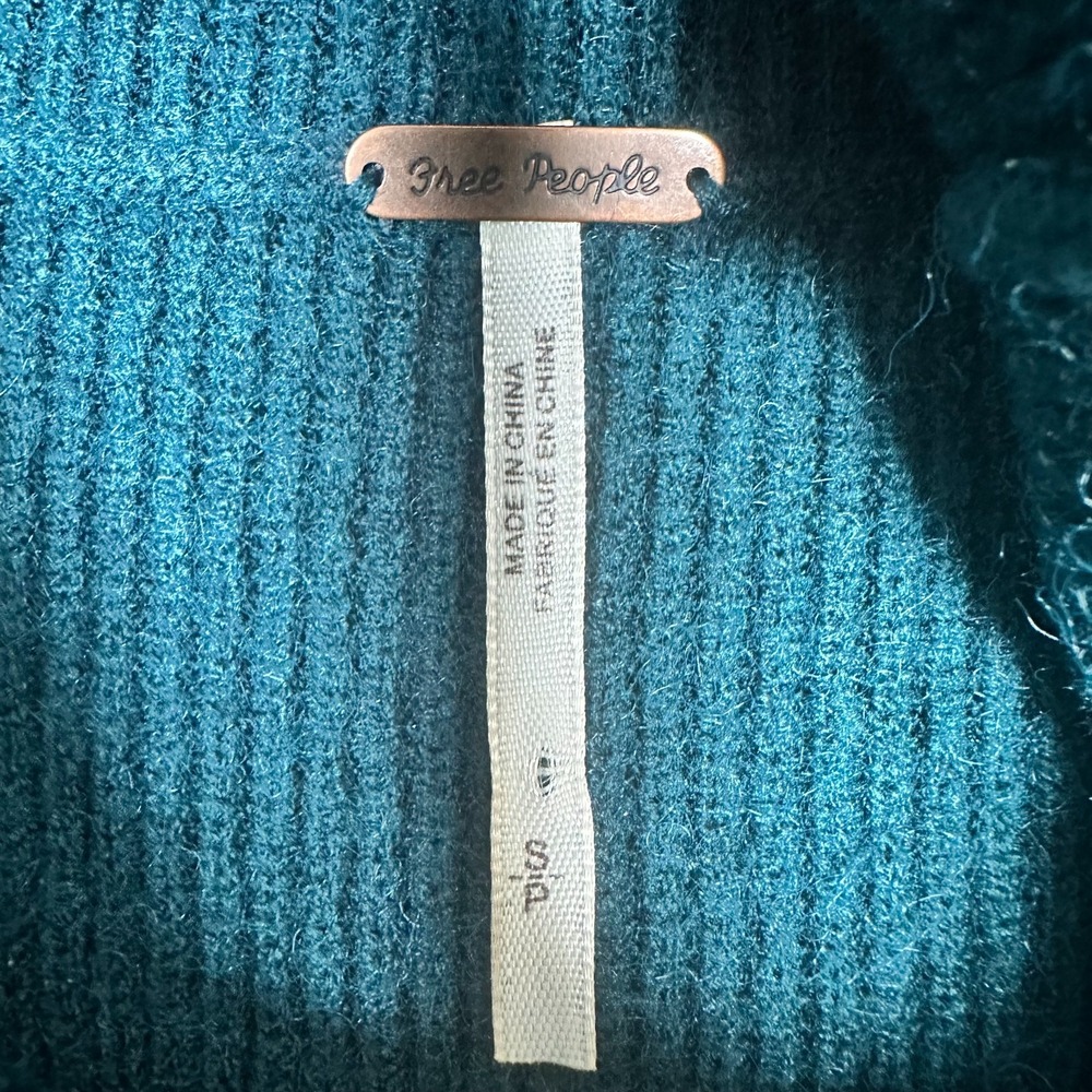 Free People Oversized Ribbed Sweater Women Small Teal Turtleneck Long Sleeve - Picture 6 of 10
